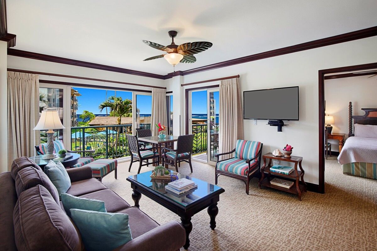 interior of kauai hawaii vacation rental, showcasing a furnished living room